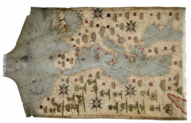 Portolankarte der Mittelmeerküste mit Darstellung der verschiedenen Etappen der Reise des Odysseus, wie sie in Homers Odyssee erzählt wird, 1593